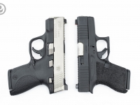 Compare size of G43 to M&P Shield, Glock Full Top Serrations, Enhanced Side Serrations